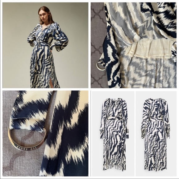 🎀NWT🎀Ted Baker Uber-Chic Flowy Zebra Print Belted Deep Cuffed Midi Dress - Picture 12 of 16